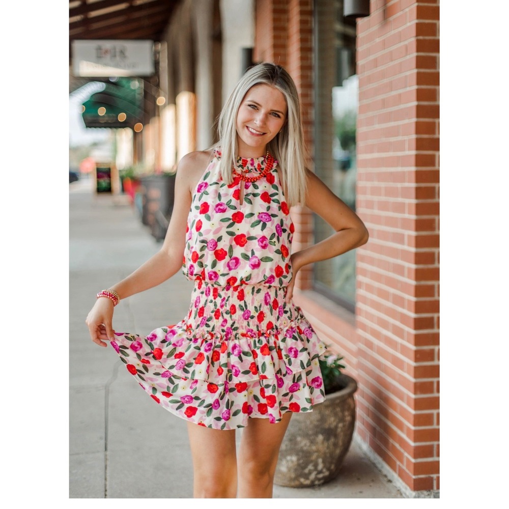 TCEC Floral Halter Mini Dress M Smocked Waist Tiered Ruffle Coquette Spring